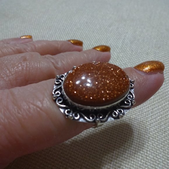 Sparkling "GOLD SUNSTONE" Handmade Sterling Ring Size 8.25 #729B - Picture 2 of 3